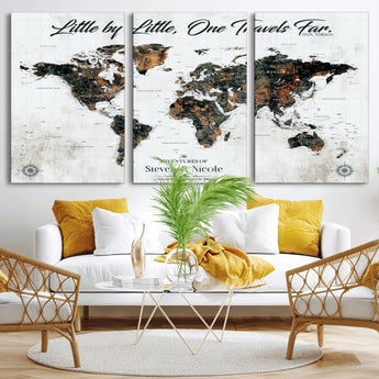 88337180-MGV-CV-36X24-Little by Little One Travels Far Tolkien Quote World Map Rustic Black Brown Adventure Wall Art Canvas Print for Home Office Living