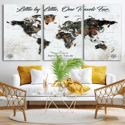 88337180-MGV-CV-36X24-Little by Little One Travels Far Tolkien Quote World Map Rustic Black Brown Adventure Wall Art Canvas Print for Home Office Living