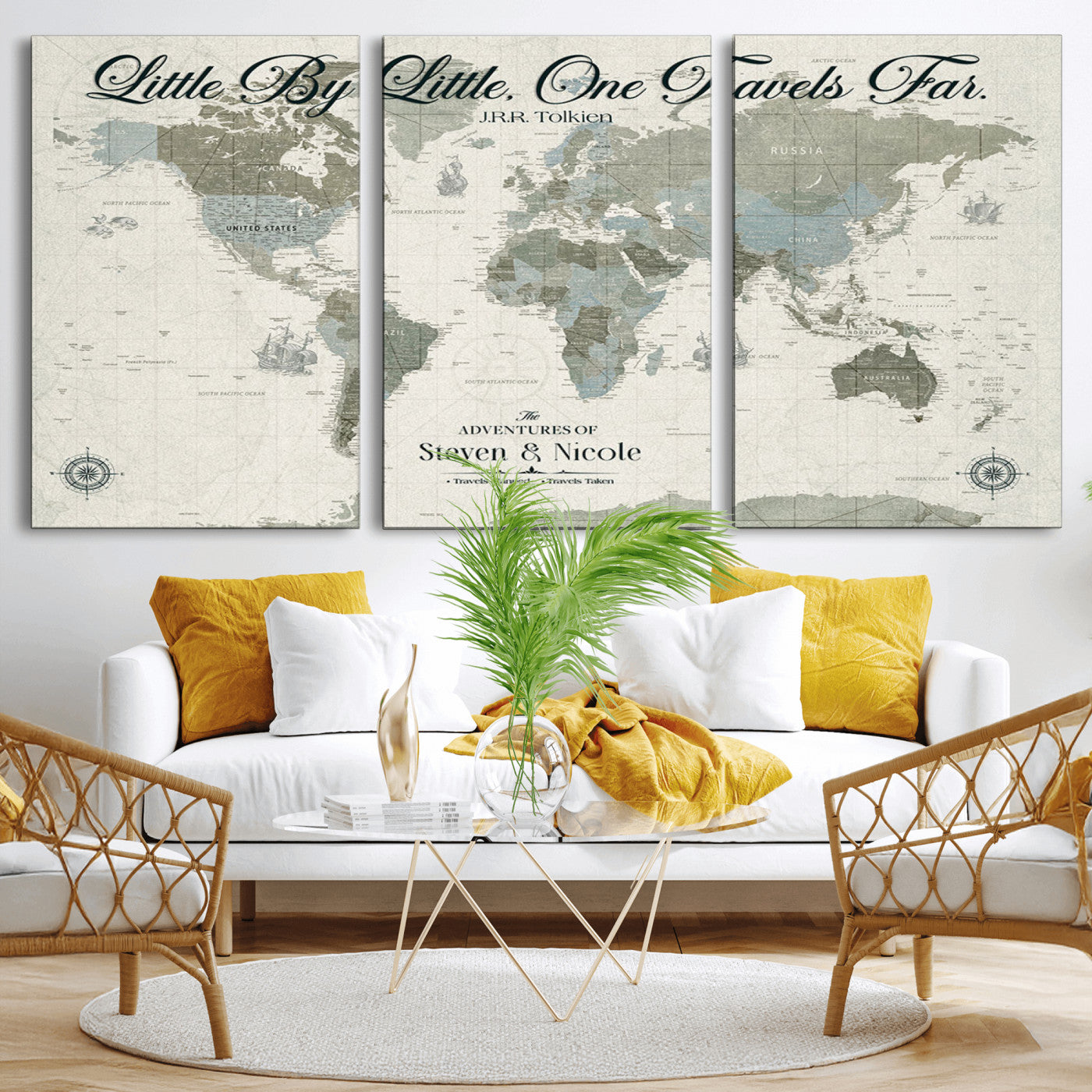 10693204-MGV-CV-36X24-Little By Little One Travels Far Tolkien Quote Blue Green World Map Adventure Wall Art Canvas Print Rustic Wanderlust Travel Decor