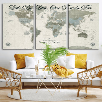 10693204-MGV-CV-36X24-Little By Little One Travels Far Tolkien Quote Blue Green World Map Adventure Wall Art Canvas Print Rustic Wanderlust Travel Decor