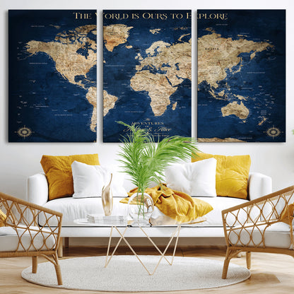 54782997-MGV-CV-36X24-The World is Ours to Explore Wall Art – Blue World Map Canvas Print, Adventure Travel Decor for Home, Office or Living Room,