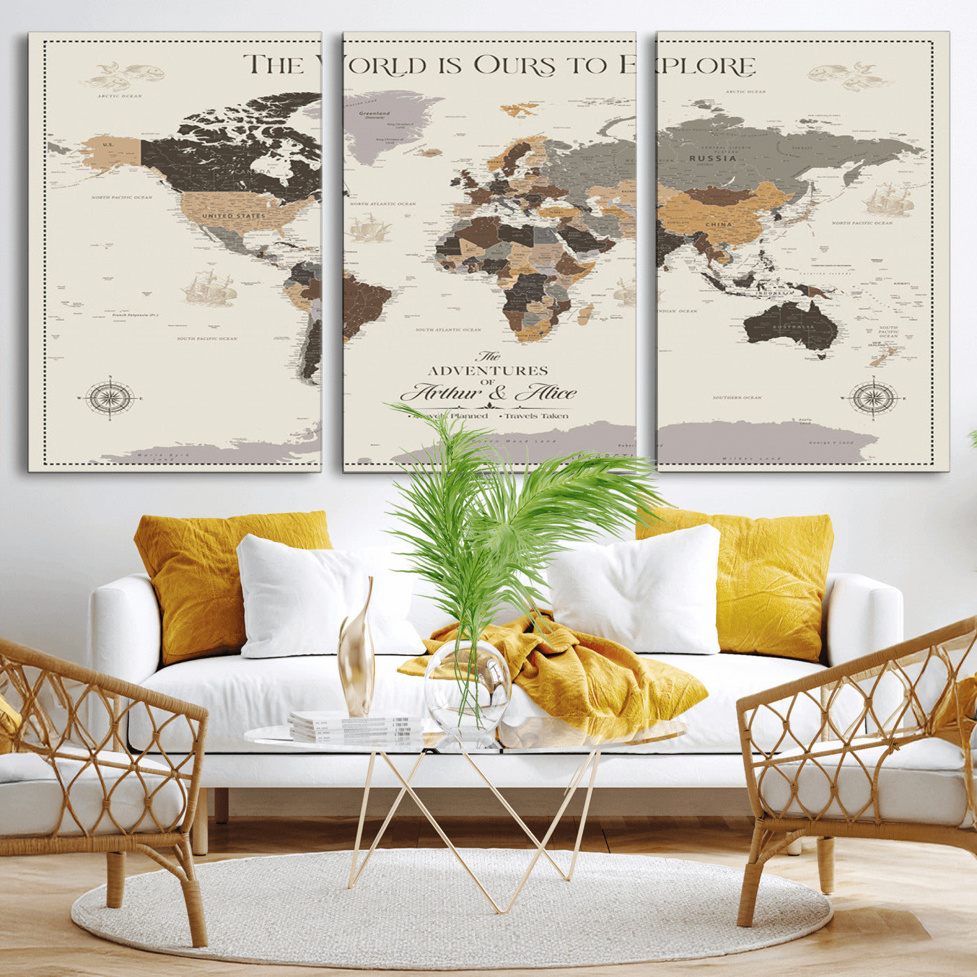 90024882-MGV-CV-36X24-The World is Ours to Explore Wall Art – Earth Tone World Map Canvas Print, Adventure Travel Decor for Living Room, Office or