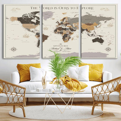 90024882-MGV-CV-36X24-The World is Ours to Explore Wall Art – Earth Tone World Map Canvas Print, Adventure Travel Decor for Living Room, Office or
