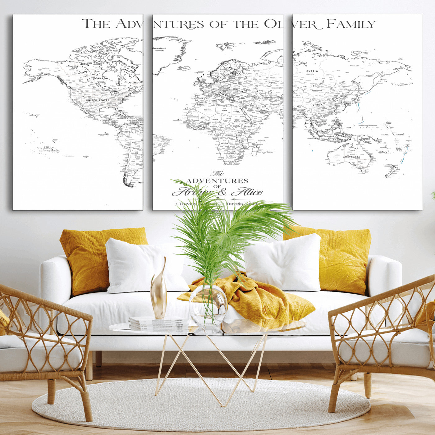 21029247-MGV-CV-36X24-Minimalist World Map Wall Art – Black and White Travel Adventure Print, Modern Family Travel Map Decor for Living Room, Bedroom,