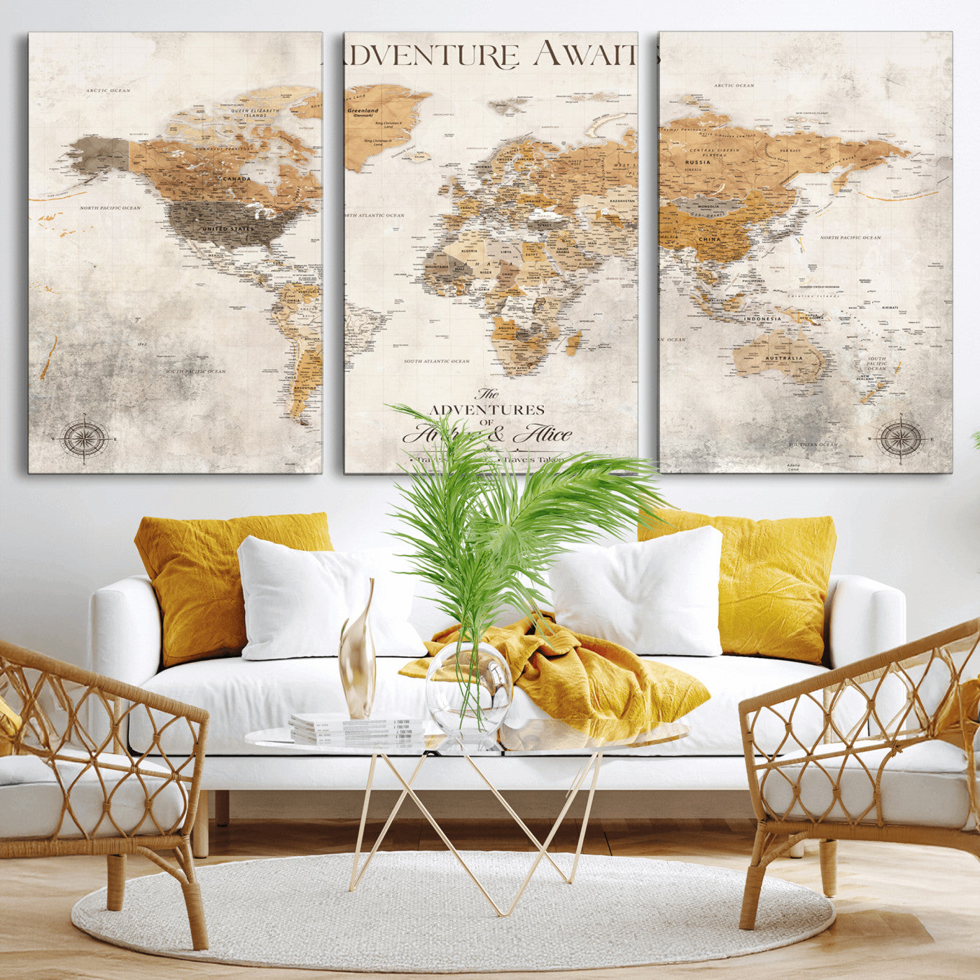 99422096-MGV-CV-36X24-Adventure Awaits World Map Wall Art – Neutral Beige Canvas Print, Modern Travel Inspired Wall Decor for Living Room, Bedroom or