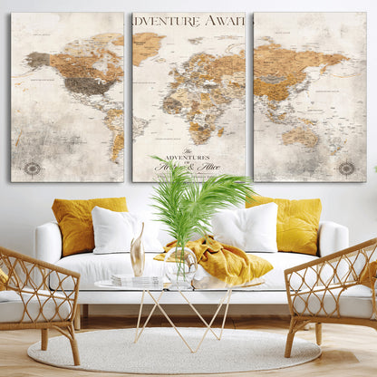 99422096-MGV-CV-36X24-Adventure Awaits World Map Wall Art – Neutral Beige Canvas Print, Modern Travel Inspired Wall Decor for Living Room, Bedroom or