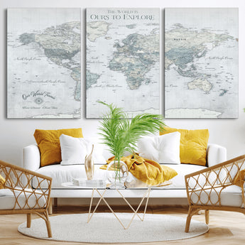 94249974-MGV-CV-36X24-Ours Explore World Map Wall Art – Modern Travel Canvas Print, Neutral Adventure Decor for Living Room, Office, Study, Bedroom,
