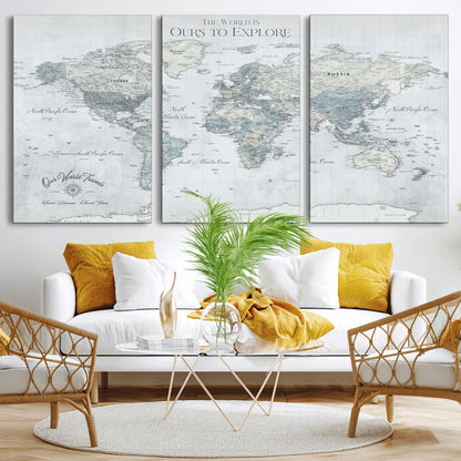 94249974-MGV-CV-36X24-Ours Explore World Map Wall Art – Modern Travel Canvas Print, Neutral Adventure Decor for Living Room, Office, Study, Bedroom,