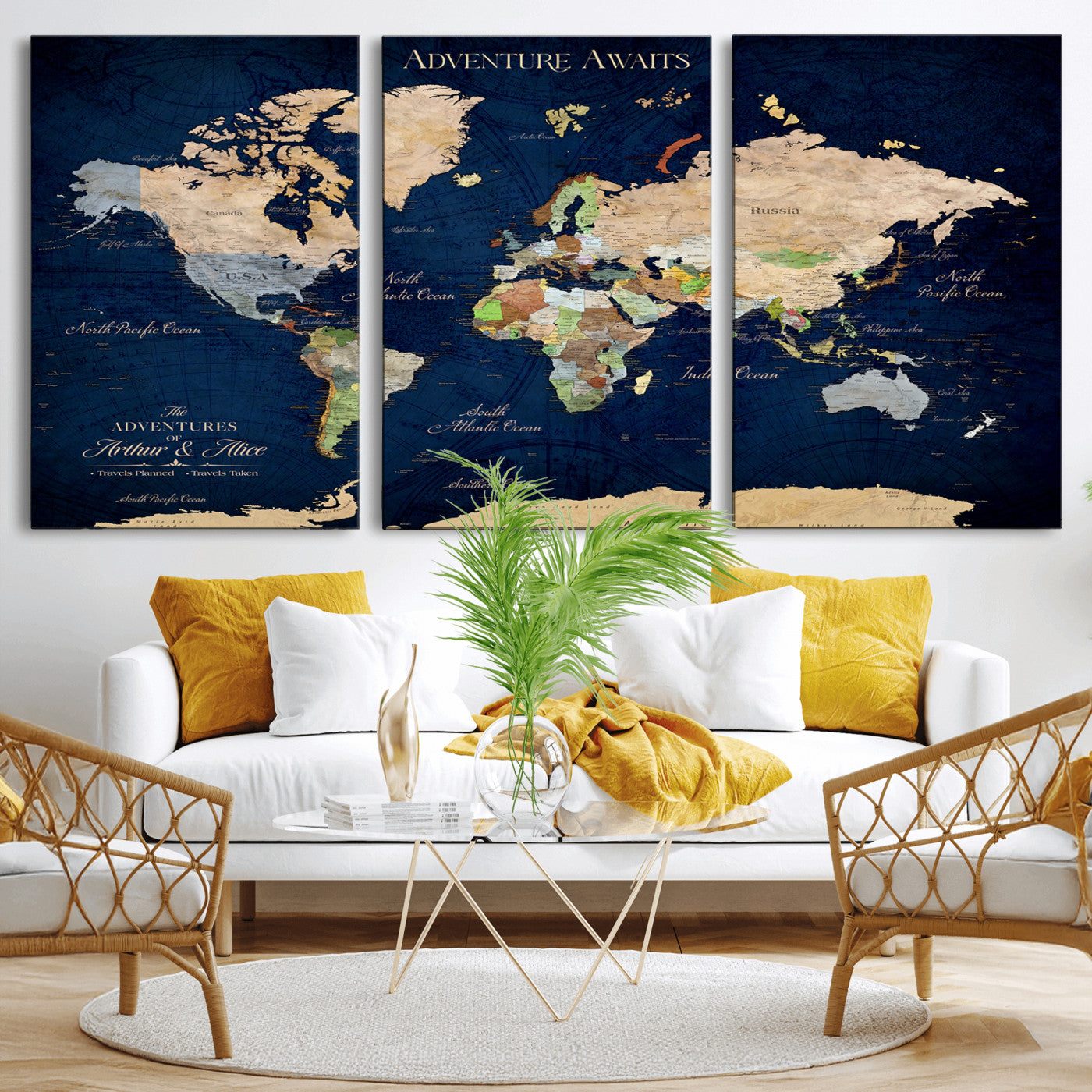 43160428-MGV-CV-36X24-Adventure Awaits Navy Blue World Map – Vibrant Travel Canvas Wall Art, Antique Atlas Print, Wanderlust Decor for Home Office