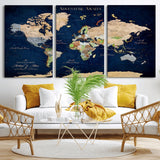 43160428-MGV-CV-36X24-Adventure Awaits Navy Blue World Map – Vibrant Travel Canvas Wall Art, Antique Atlas Print, Wanderlust Decor for Home Office