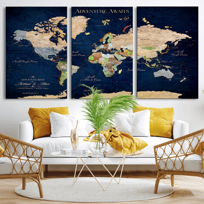 43160428-MGV-CV-36X24-Adventure Awaits Navy Blue World Map – Vibrant Travel Canvas Wall Art, Antique Atlas Print, Wanderlust Decor for Home Office