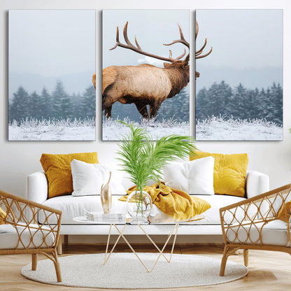 85177251-MGV-CV-36X24-Elk Wall Art – Majestic Wildlife Canvas Print of Bull Elk Snowy Forest, Rustic Nature Decor for Living Room, Cabin, or Office