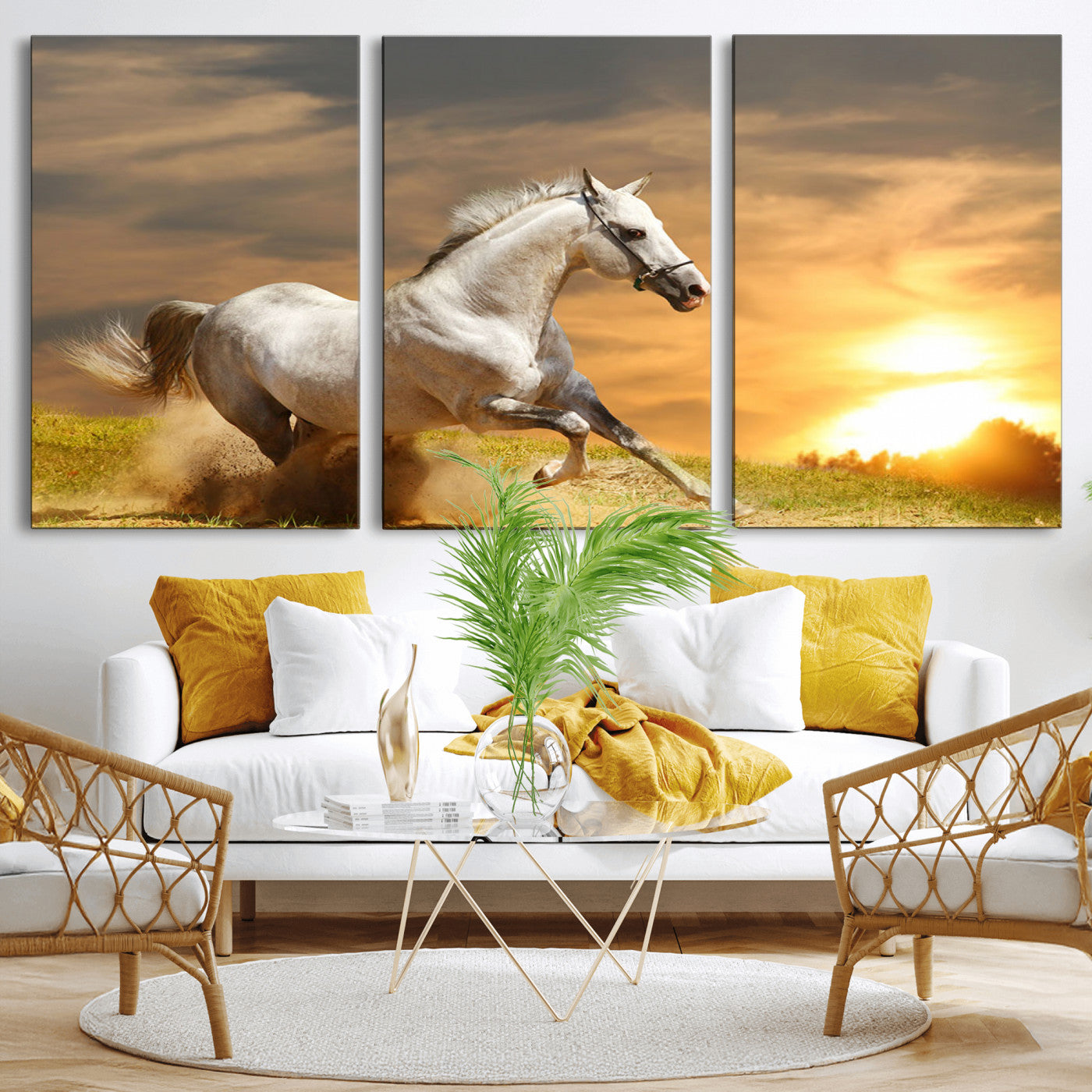 44295212-MGV-CV-36X24-Horse Wall Art – Running White Stallion Canvas Print with Sunset Background, Western Wildlife Decor for Living Room, Office, or
