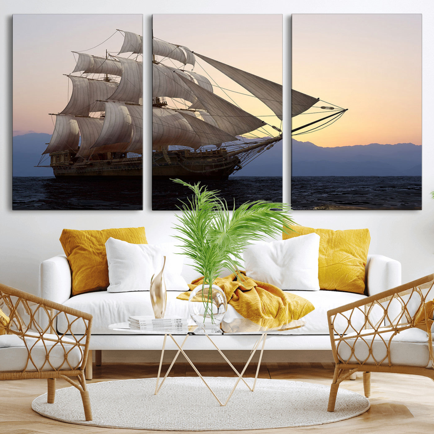 31270610-MGV-CV-36X24-Sailing Ship Wall Art – Sunset Seascape Canvas Print with Tall Ship at Sea, Nautical Ocean Decor for Living Room, Office, or