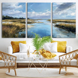 87082041-MGV-CV-36X24-Painted Marshland Canvas Wall Art – Serene Water Reflection, Blue Sky, Golden Grass Landscape, Calm Nature Decor for Home, Office,