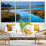 26300004-MGV-CV-36X24-Tranquil Marshland Canvas Wall Art – Blue Water, Reflective Sky, Golden Grasses, Calm Nature Landscape, Scenic Outdoor Beauty for