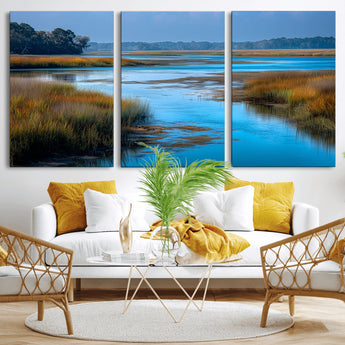 26300004-MGV-CV-36X24-Tranquil Marshland Canvas Wall Art – Blue Water, Reflective Sky, Golden Grasses, Calm Nature Landscape, Scenic Outdoor Beauty for