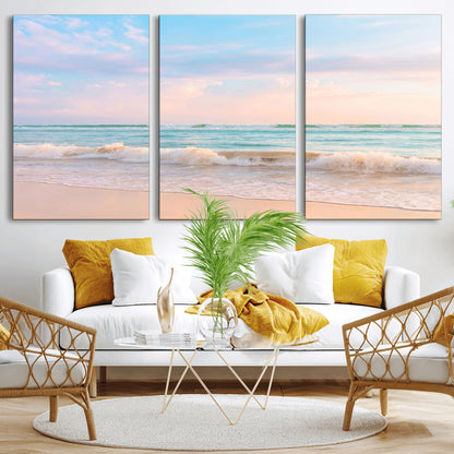 88024944-MGV-CV-36X24-Serene Ocean Waves Canvas Wall Art – Pastel Sky, Soft Sand Beach, Tranquil Seascape, Calm Water Coastal Nature, Relaxing Peaceful