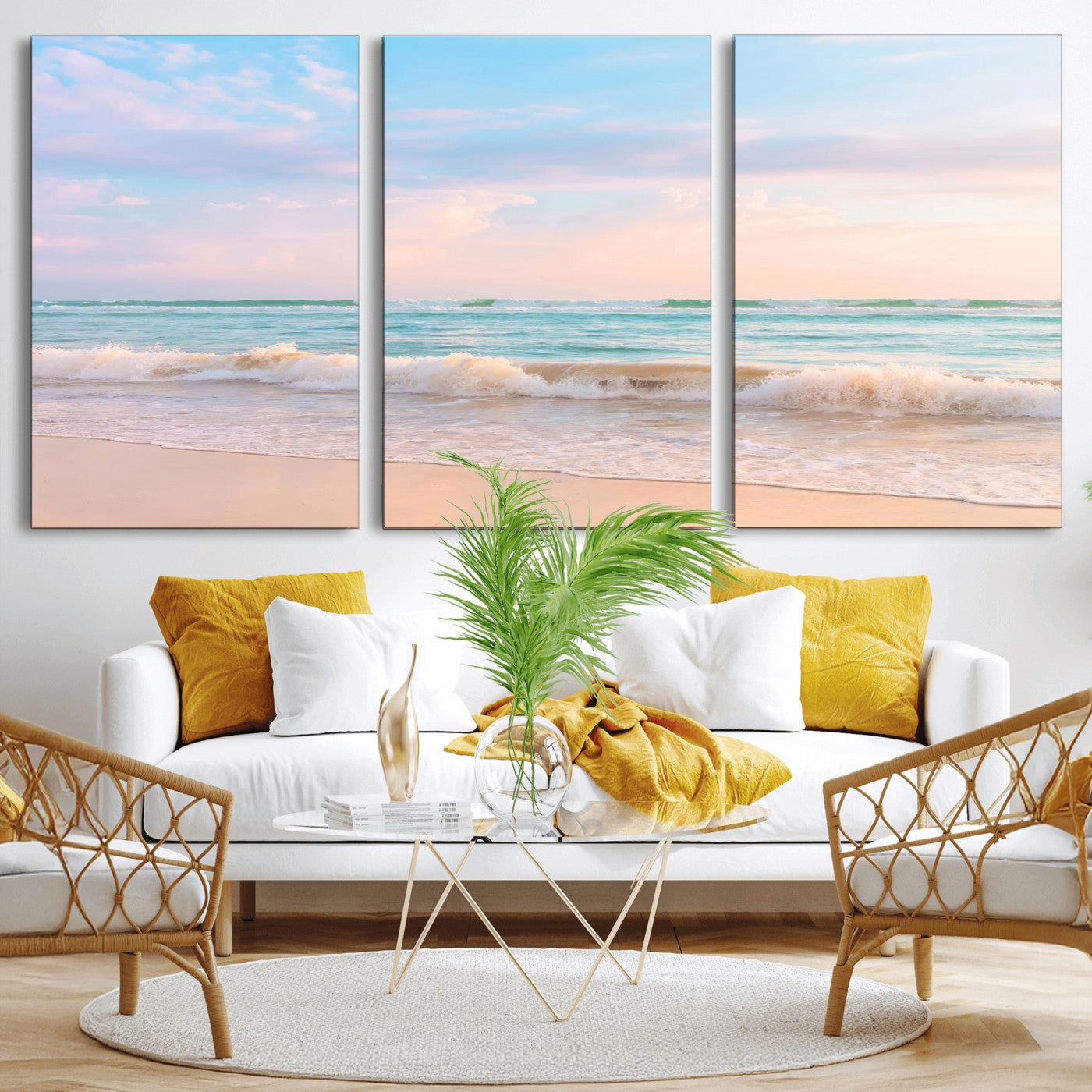 88024944-MGV-CV-36X24-Beach Landscape Wall Art – Coastal Ocean Canvas Print with Gentle Waves and Pastel Sky, Serene Seascape Photography for Living
