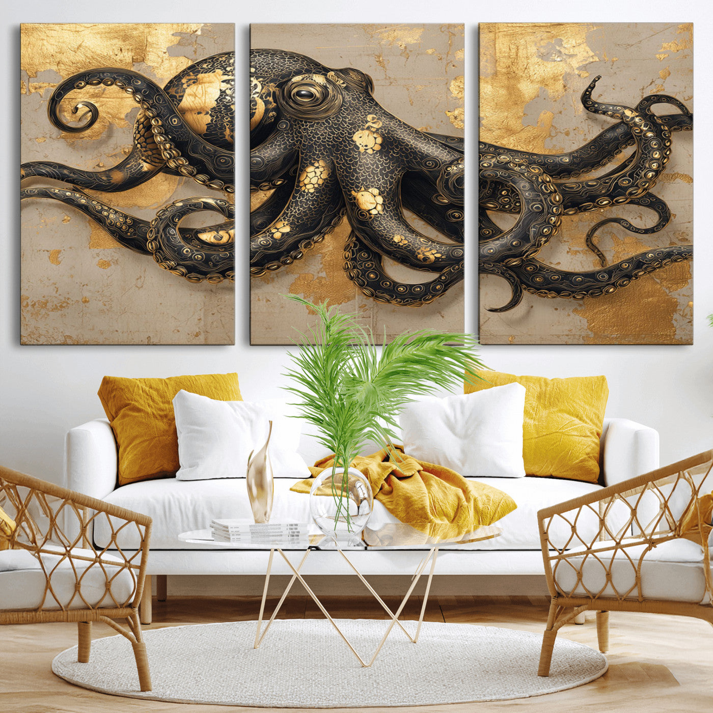 57944271-MGV-CV-36X24-Octopus Wall Art – Black and Gold Nautical Canvas Print, Modern Ocean Inspired Artwork with Elegant Detailing, Coastal Marine