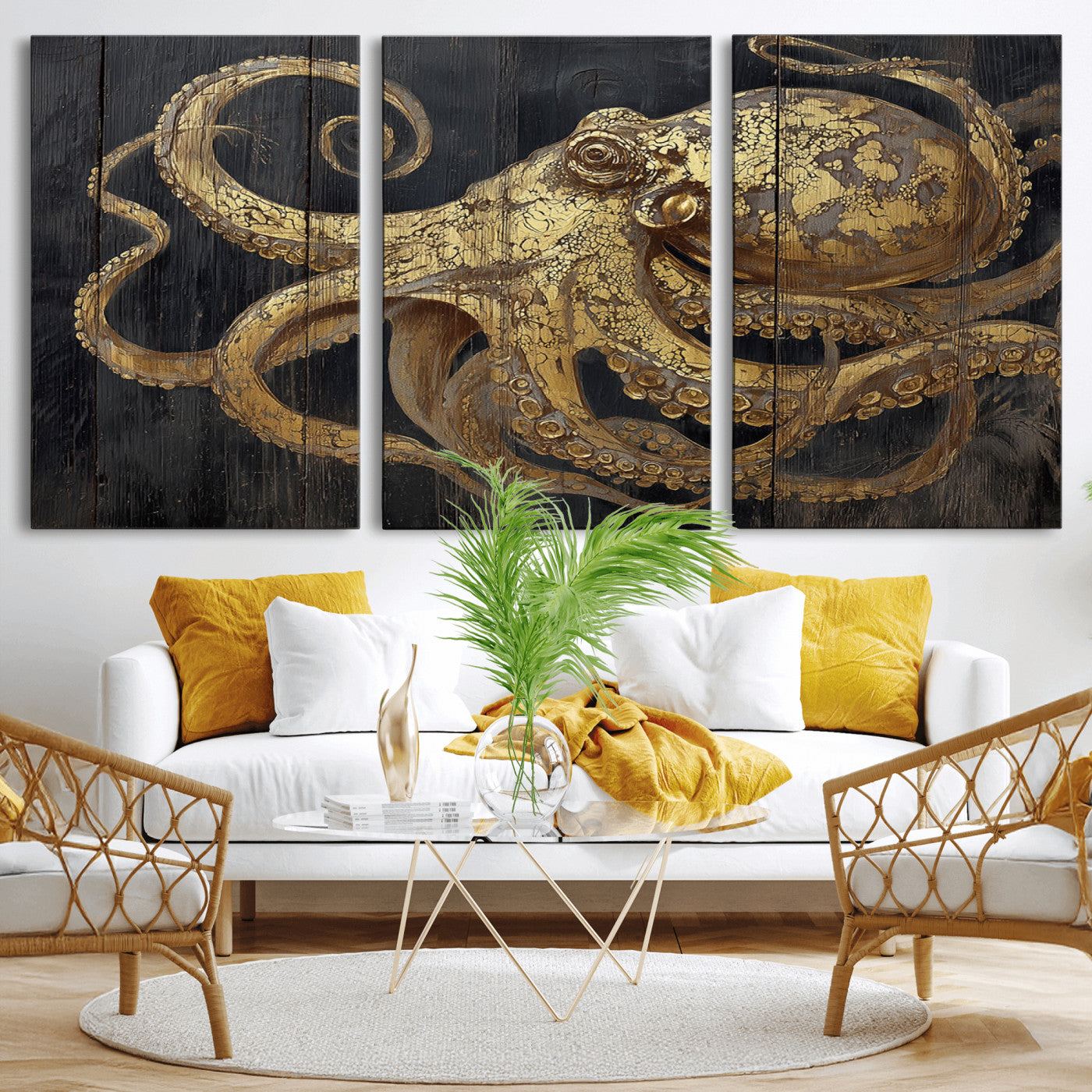 47056538-MGV-CV-36X24-Octopus Canvas Wall Art – Gold Detail, Wooden Texture, Marine Life, Ocean Creature Tentacles, Nautical Coastal Rustic Decor for