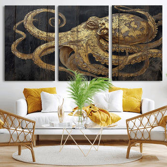 47056538-MGV-CV-36X24-Octopus Canvas Wall Art – Gold Detail, Wooden Texture, Marine Life, Ocean Creature Tentacles, Nautical Coastal Rustic Decor for