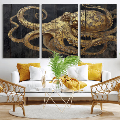47056538-MGV-CV-36X24-Octopus Canvas Wall Art – Gold Detail, Wooden Texture, Marine Life, Ocean Creature Tentacles, Nautical Coastal Rustic Decor for