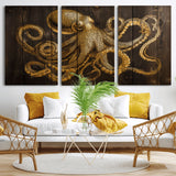 56769669-MGV-CV-36X24-Octopus Wall Art – Gold Nautical Canvas Print with Rustic Wood Panel Design, Detailed Marine Artwork for Coastal Ocean Decoration