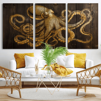 56769669-MGV-CV-36X24-Octopus Wall Art – Gold Nautical Canvas Print with Rustic Wood Panel Design, Detailed Marine Artwork for Coastal Ocean Decoration