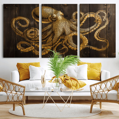 56769669-MGV-CV-36X24-Octopus Wall Art – Gold Nautical Canvas Print with Rustic Wood Panel Design, Detailed Marine Artwork for Coastal Ocean Decoration