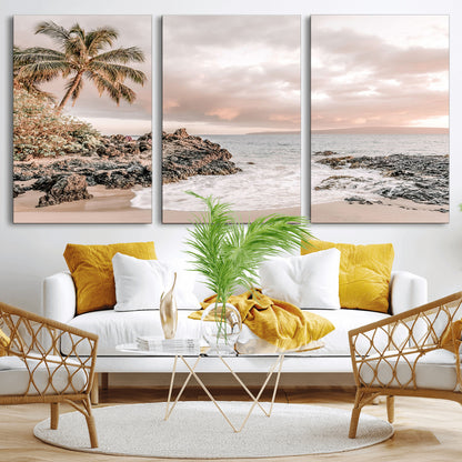 18005328-MGV-CV-36X24-Tropical Beach Canvas Wall Art – Palm Tree, Rocky Shoreline, Ocean Waves, Sunset Clouds, Calm Sea, Island Nature Relaxation for