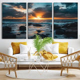 66040852-MGV-CV-36X24-Ocean Sunset Canvas Wall Art – Rocky Shore Waves, Dramatic Clouds, Golden Sun Rays, Coastal Nature, Serene Water Reflection for