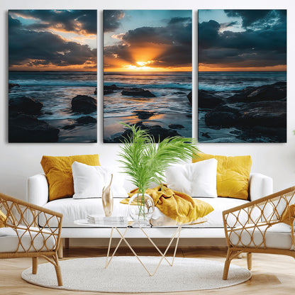 66040852-MGV-CV-36X24-Ocean Sunset Canvas Wall Art – Rocky Shore Waves, Dramatic Clouds, Golden Sun Rays, Coastal Nature, Serene Water Reflection for