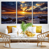 35900590-MGV-CV-36X24-Sunset Ocean Waves Canvas Wall Art – Rocky Shore, Dramatic Sky, Golden Sun Rays, Coastal Beauty, Serene Water Motion for Living