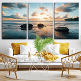 23879436-MGV-CV-36X24-Ocean Sunset Wall Art – Serene Seascape Canvas Print with Golden Sky, Reflections on Sand and Calm Waves, Peaceful Coastal