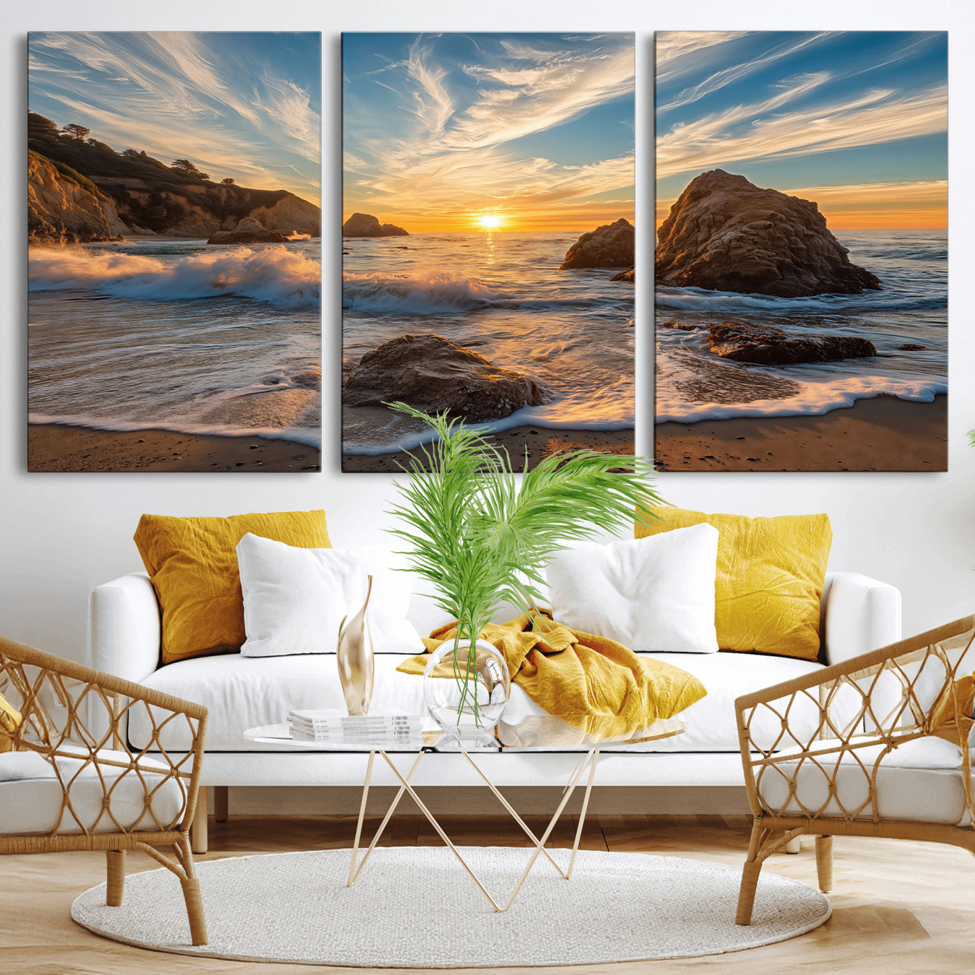 85659923-MGV-CV-36X24-Ocean Sunset Wall Art – Dramatic Seascape Canvas Print with Cliffs, Crashing Waves and Golden Sky, Bold Coastal Photography for