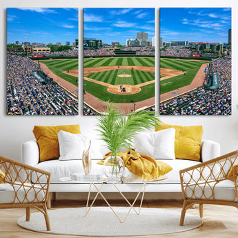56213978-MGV-CV-36X24-Baseball Stadium Wall Art – Panoramic Ballpark Canvas Print with Fans, Green Field and City Skyline, Classic Sports Photography
