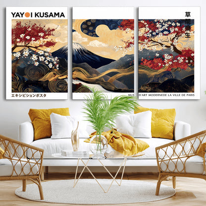28945903-MGV-CV-36X24-Yayoi Kusama Inspired Japanese Art Canvas Print – Framed Floral & Mt. Fuji Wall Decor, Modern Asian Style Canvas for Home, Office,