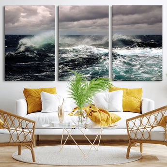 38622353-MGV-CV-36X24-Stormy Ocean Waves Canvas Wall Art – Framed Turbulent Sea Print, Large Nature Canvas for Coastal, Living Room, or Office Spaces
