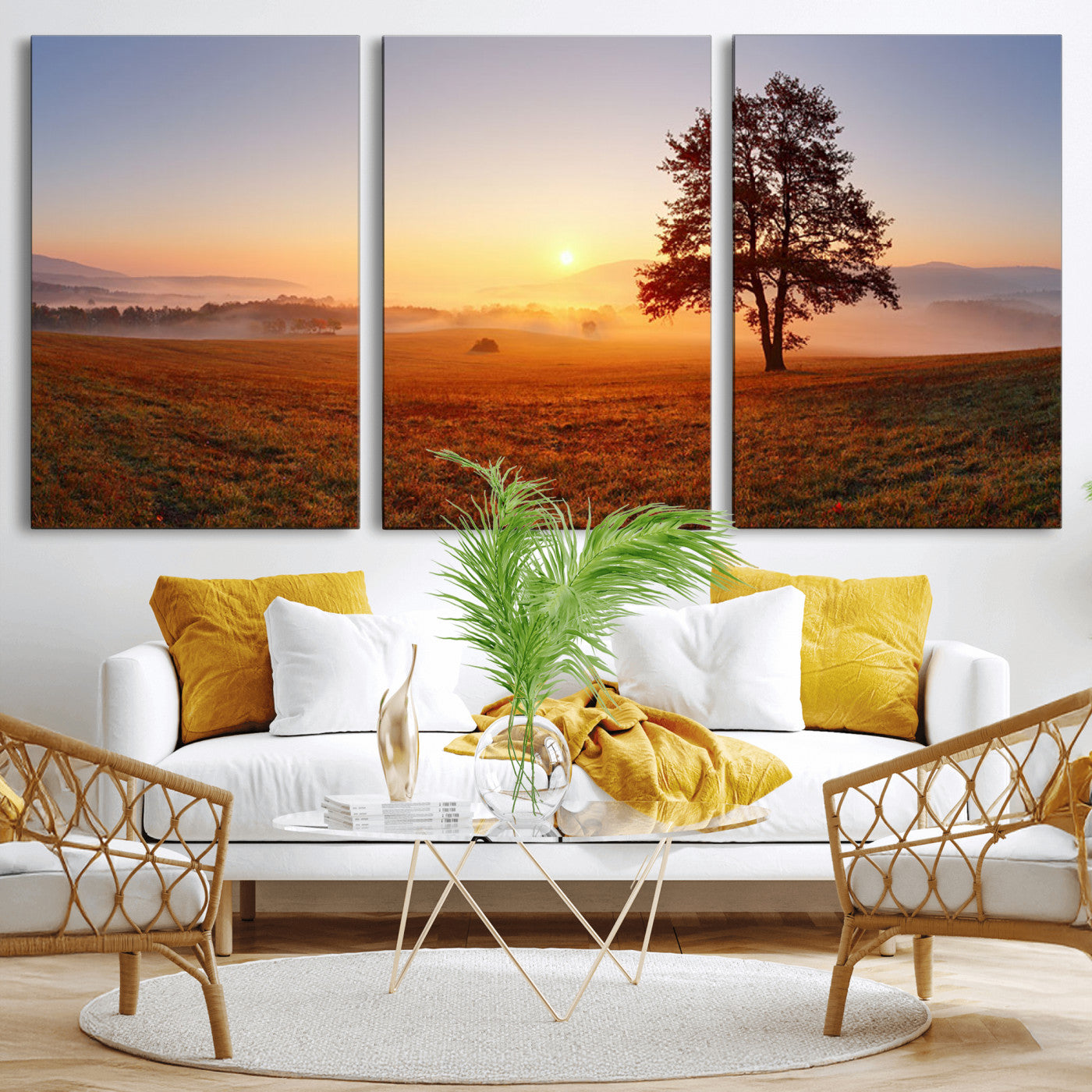 57919623-MGV-CV-36X24-Golden Sunrise Landscape Canvas Wall Art - Framed Misty Field Print, Large Nature Canvas for Living Room, Office, or Home Decor