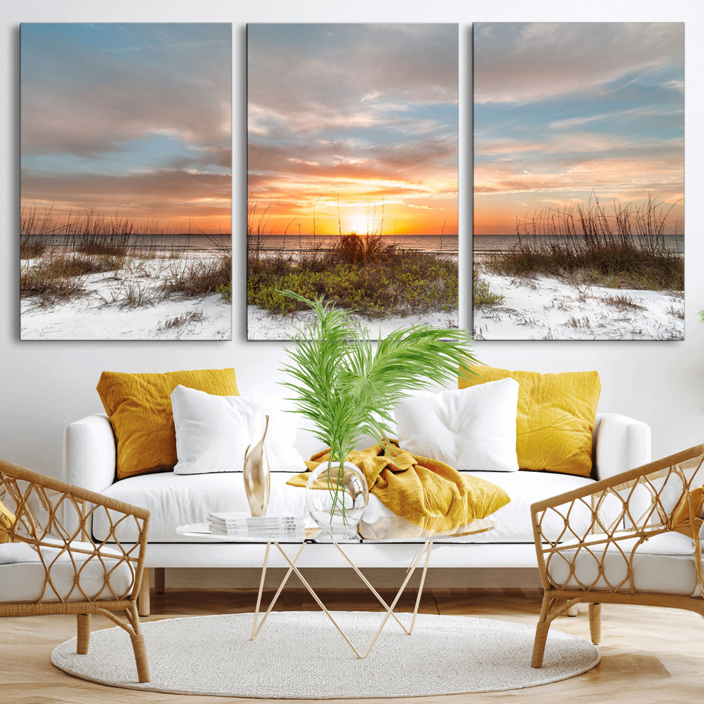 58266230-MGV-CV-36X24-Beach Sunset Wall Art – Coastal Canvas Print with Sandy Dunes, Sea Grass and Golden Sky, Serene Ocean Landscape Photography for