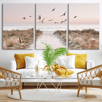 34632598-MGV-CV-36X24-Coastal Pathway Canvas Wall Art – Framed Seaside Landscape, Large Beach and Birds Canvas Print for Home, Office, or Living Room