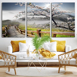 34632598CRY-MGV-CV-36X24-Cherry Blossom Wall Art – Scenic Asian Landscape Canvas Print with Wooden Walkway, Misty Mountains and Sunrise, Serene Nature