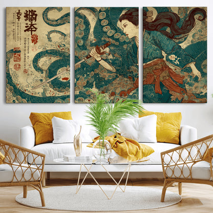 46837670-MGV-CV-36X24-Tsukioka Yoshitoshi Samurai Wall Art Print, Japanese Katana Warrior Canvas Wall Art, Octopus Sea Monster Canvas Print,