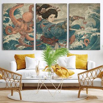 52037775-MGV-CV-36X24-Samurai Woman Wall Art – Japanese Ukiyo e Style Canvas Print with Katana, Ocean Waves and Octopus, Traditional Asian Inspired