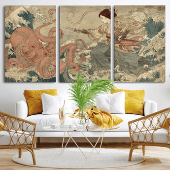 54879547-MGV-CV-36X24-Samurai Woman Wall Art – Japanese Ukiyo-e Style Canvas Print with Katana and Octopus, Traditional Asian Inspired Battle Artwork