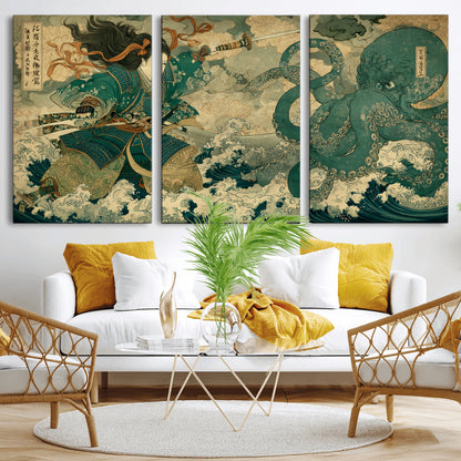 24416422-MGV-CV-36X24-Samurai vs Octopus Wall Art – Japanese Warrior Ocean Battle Canvas Print, Ukiyo e Inspired Decor for Home, Office, or Man Cave