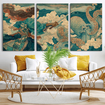 37943964-MGV-CV-36X24-Samurai Warrior vs Octopus Wall Art – Japanese Ukiyo-e Style Canvas Print, Ocean Battle Scene Artwork for Living Room, Office, Man