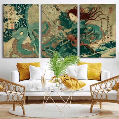 86918027-MGV-CV-36X24-Tsukioka Yoshitoshi Samurai Wall Art Print, Japanese Katana Warrior Canvas Wall Art, Octopus Sea Monster Canvas Print,
