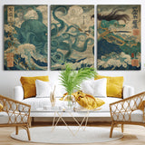 60346622-MGV-CV-36X24-Tsukioka Yoshitoshi Samurai Wall Art Print, Japanese Katana Warrior Canvas Wall Art, Octopus Sea Monster Canvas Print,